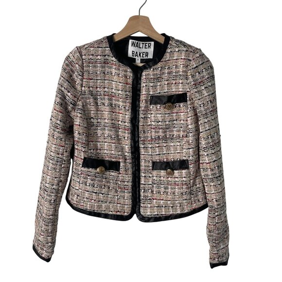 Walter Baker Blazer Jacket Womens Small Pink Tweed Boucle Max Faux Leather Trim - Picture 1 of 12